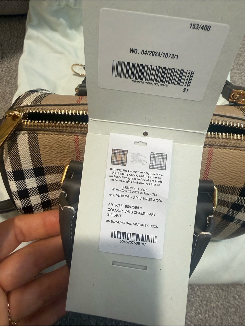 Burberry Mini Bowling Bag - Tan Check with Black Trim